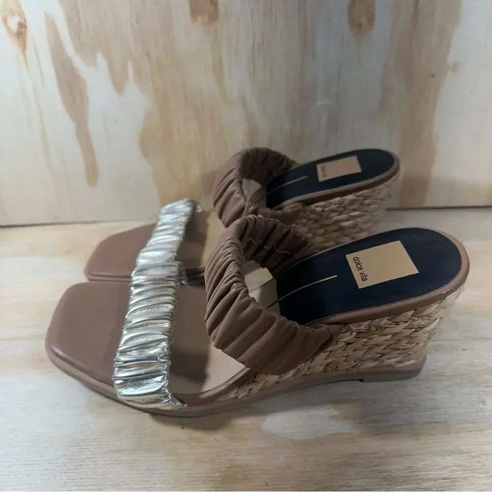 Dolce Vita Brown and Gold Ruched Wedge Sandals Women’s Size 7.5